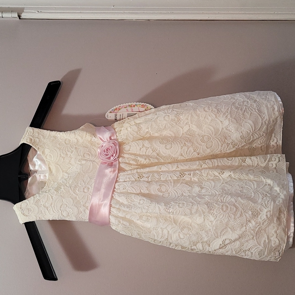 American Princess 3T Cream/Pink Lace Girls Dress with Bow in Back